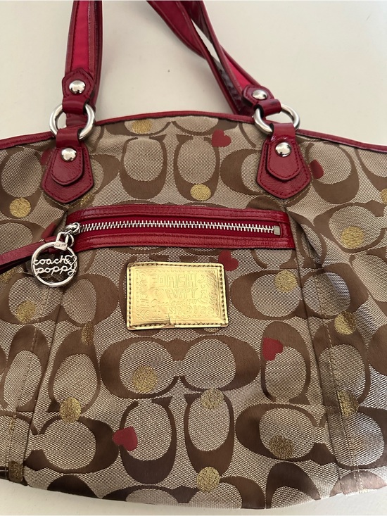 Coach Handbags - Coach Signature Heart-Print Shoulder Bag in Red and Brown with Gold Accents